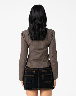 Woman wearing Missy May Long Sleeve Shirt in Java Plaid