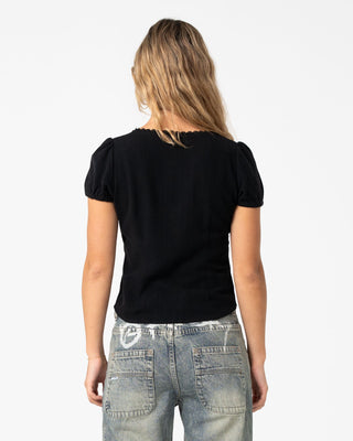 Woman wearing Peggy Sue Button Down Blouse in Black