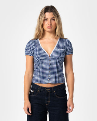 Woman wearing Peggy Sue Button Down Blouse in Blue Plaid