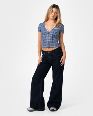 Woman wearing Peggy Sue Button Down Blouse in Blue Plaid