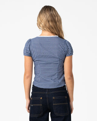 Woman wearing Peggy Sue Button Down Blouse in Blue Plaid