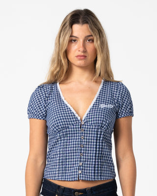Woman wearing Peggy Sue Button Down Blouse in Blue Plaid