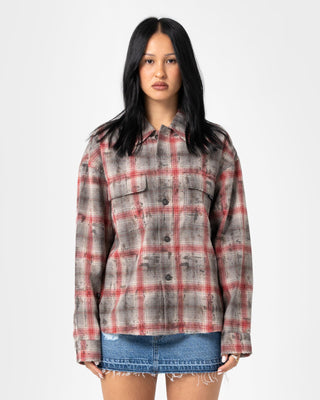 Woman wearing Ghosted Oversized Long Sleeve Shirt in Rust / Grey