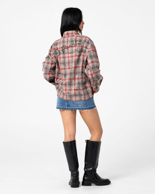 Woman wearing Ghosted Oversized Long Sleeve Shirt in Rust / Grey