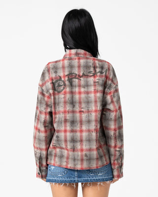 Woman wearing Ghosted Oversized Long Sleeve Shirt in Rust / Grey