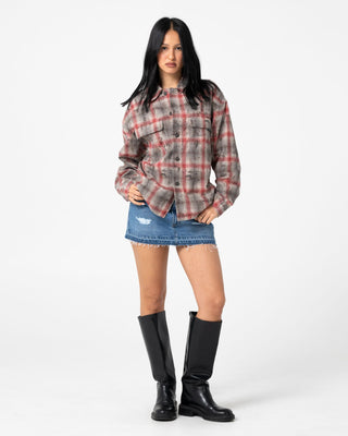Woman wearing Ghosted Oversized Long Sleeve Shirt in Rust / Grey