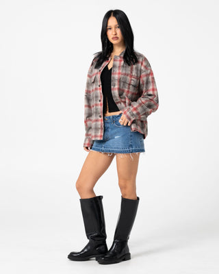 Woman wearing Ghosted Oversized Long Sleeve Shirt in Rust / Grey