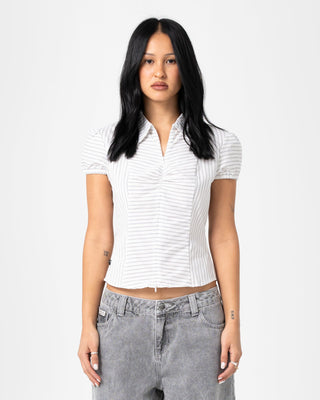 Woman wearing Horizon Zip Through Short Sleeve Shirt in Mono Stripe