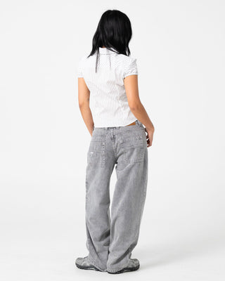 Woman wearing Horizon Zip Through Short Sleeve Shirt in Mono Stripe