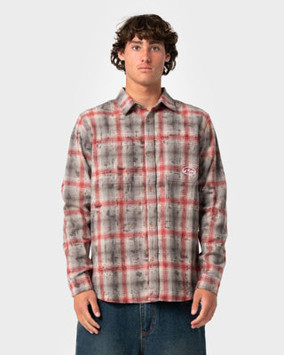 Man wearing Full Speed Heavy Long Sleeve Shirt in Vintage Red