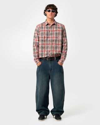 Man wearing Full Speed Heavy Long Sleeve Shirt in Vintage Red