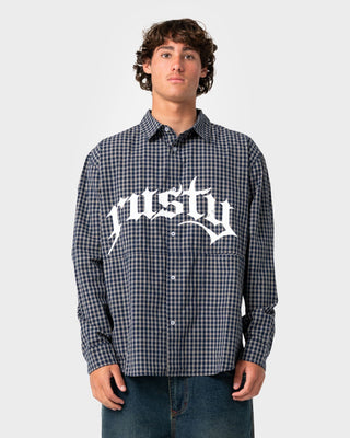 Man wearing Shook Ones Long Sleeve Shirt in Dark Blue