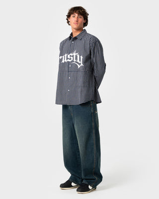 Man wearing Shook Ones Long Sleeve Shirt in Dark Blue