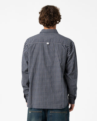 Man wearing Shook Ones Long Sleeve Shirt in Dark Blue