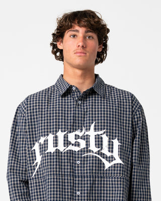 Man wearing Shook Ones Long Sleeve Shirt in Dark Blue