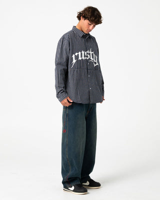 Man wearing Shook Ones Long Sleeve Shirt in Dark Blue