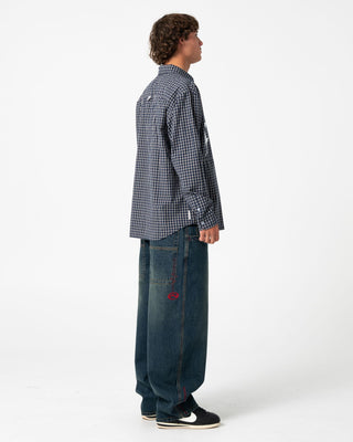 Man wearing Shook Ones Long Sleeve Shirt in Dark Blue