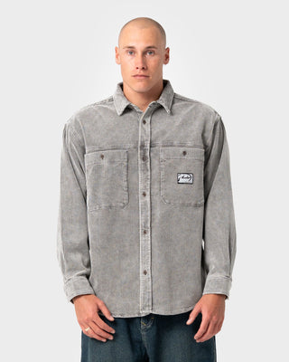 Man wearing Cobra Washed Over Shirt in Oyster Grey