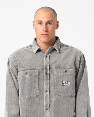 Man wearing Cobra Washed Over Shirt in Oyster Grey