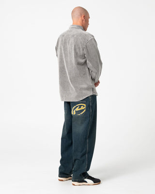 Man wearing Cobra Washed Over Shirt in Oyster Grey