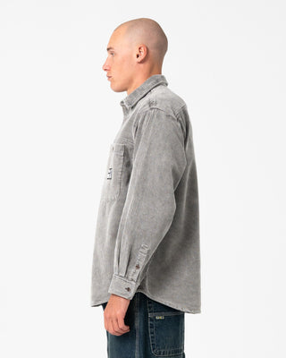 Man wearing Cobra Washed Over Shirt in Oyster Grey