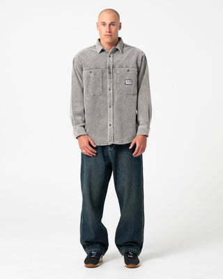 Man wearing Cobra Washed Over Shirt in Oyster Grey
