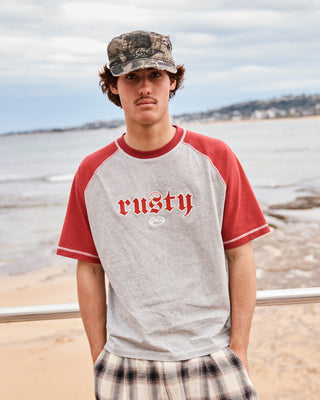 Man wearing Decoy Short Sleeve Tee in Grey Marle 2