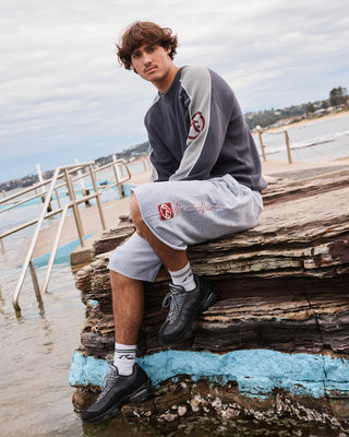 Man wearing Chopper Fleece Short in Grey Marle