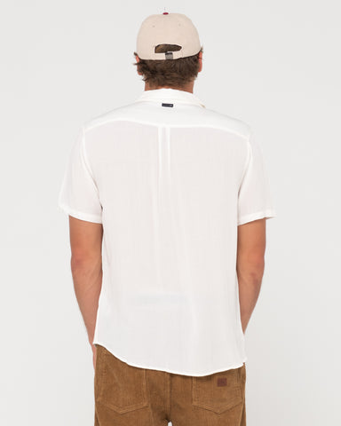 Man wearing Razor Blade Short Sleeve Rayon Shirt in White