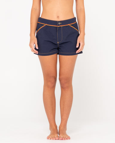 Woman wearing Side Stripe Board Short in Navy Blue