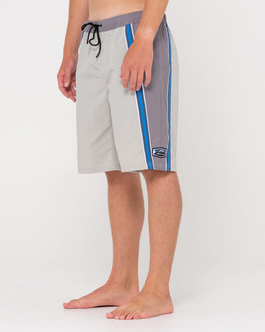 Man wearing V8 Nylon Elastic Boardshort in Grey Cloud