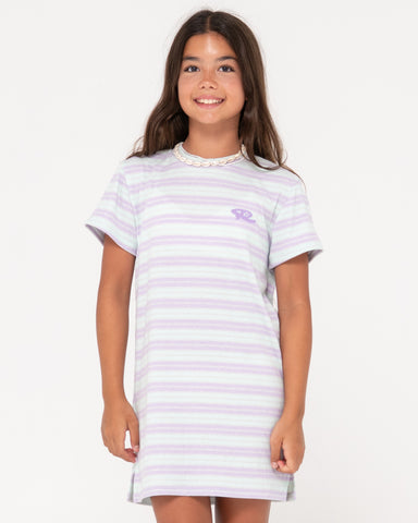 Girl wearing Camila Stripe Tee Dress Girls in Vibrant Turquoise