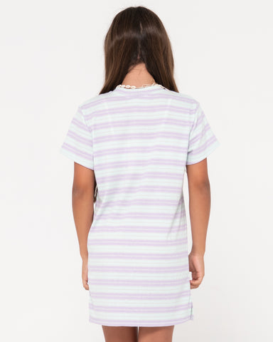 Girl wearing Camila Stripe Tee Dress Girls in Vibrant Turquoise