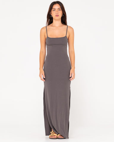 Woman wearing Vicky Slip Maxi Dress in Oyster Gray