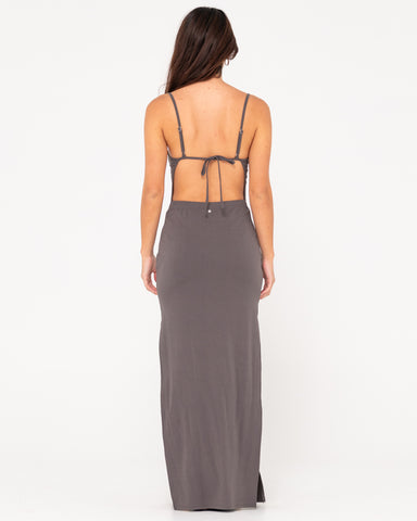 Woman wearing Vicky Slip Maxi Dress in Oyster Gray