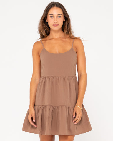 Woman wearing Heather Slip Dress in Cappuccino