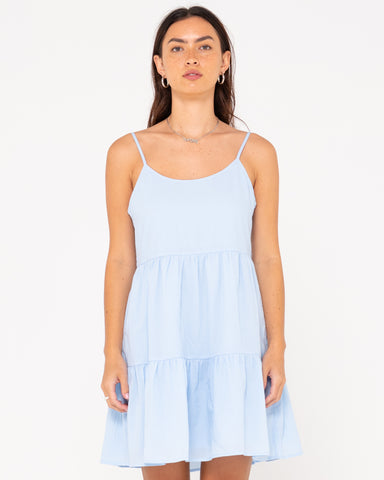 Woman wearing Heather Slip Dress in Mist Blue