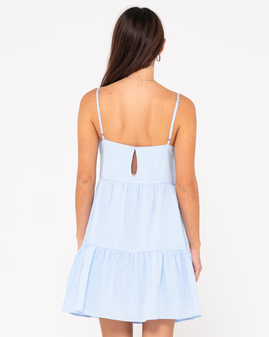 Woman wearing Heather Slip Dress in Mist Blue