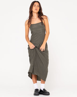 Woman wearing Porter Midi Dress in Sage Leaf