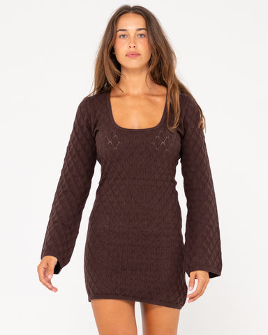 Woman wearing Leo Long Sleeve Knit Mini Dress in Tuscan Brown