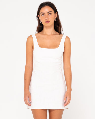 Woman wearing Meg Slip Dress in Snow