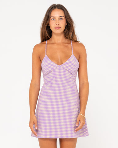 Woman wearing Checked Out Mini Dress in Purple Nights