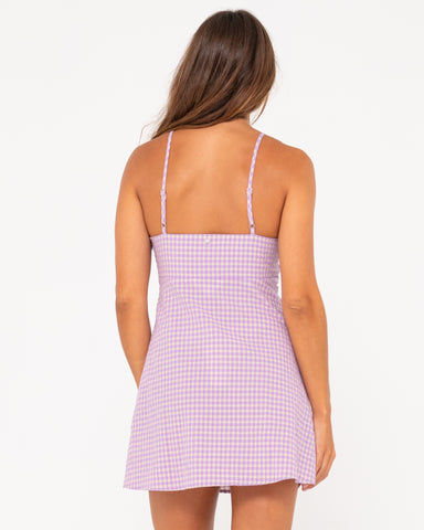 Woman wearing Checked Out Mini Dress in Purple Nights