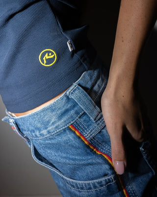 Woman wearing Sling One Shoulder Contrast Skimmer Tank in Navy