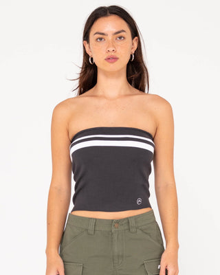 Woman wearing Amelia Strapless Contrast Knit Top in Coal