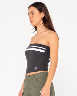 Woman wearing Amelia Strapless Contrast Knit Top in Coal