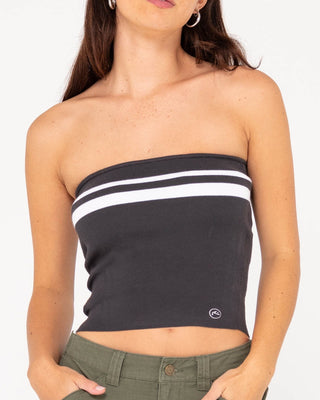 Woman wearing Amelia Strapless Contrast Knit Top in Coal