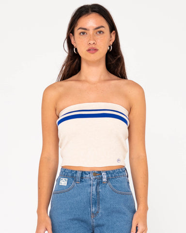 Woman wearing Amelia Strapless Contrast Knit Top in Oatmilk