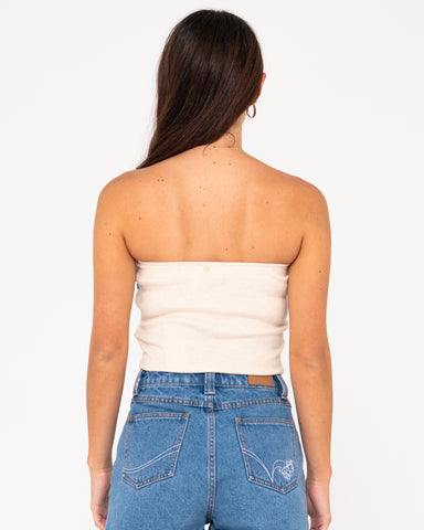 Woman wearing Amelia Strapless Contrast Knit Top in Oatmilk