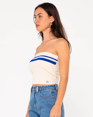 Woman wearing Amelia Strapless Contrast Knit Top in Oatmilk